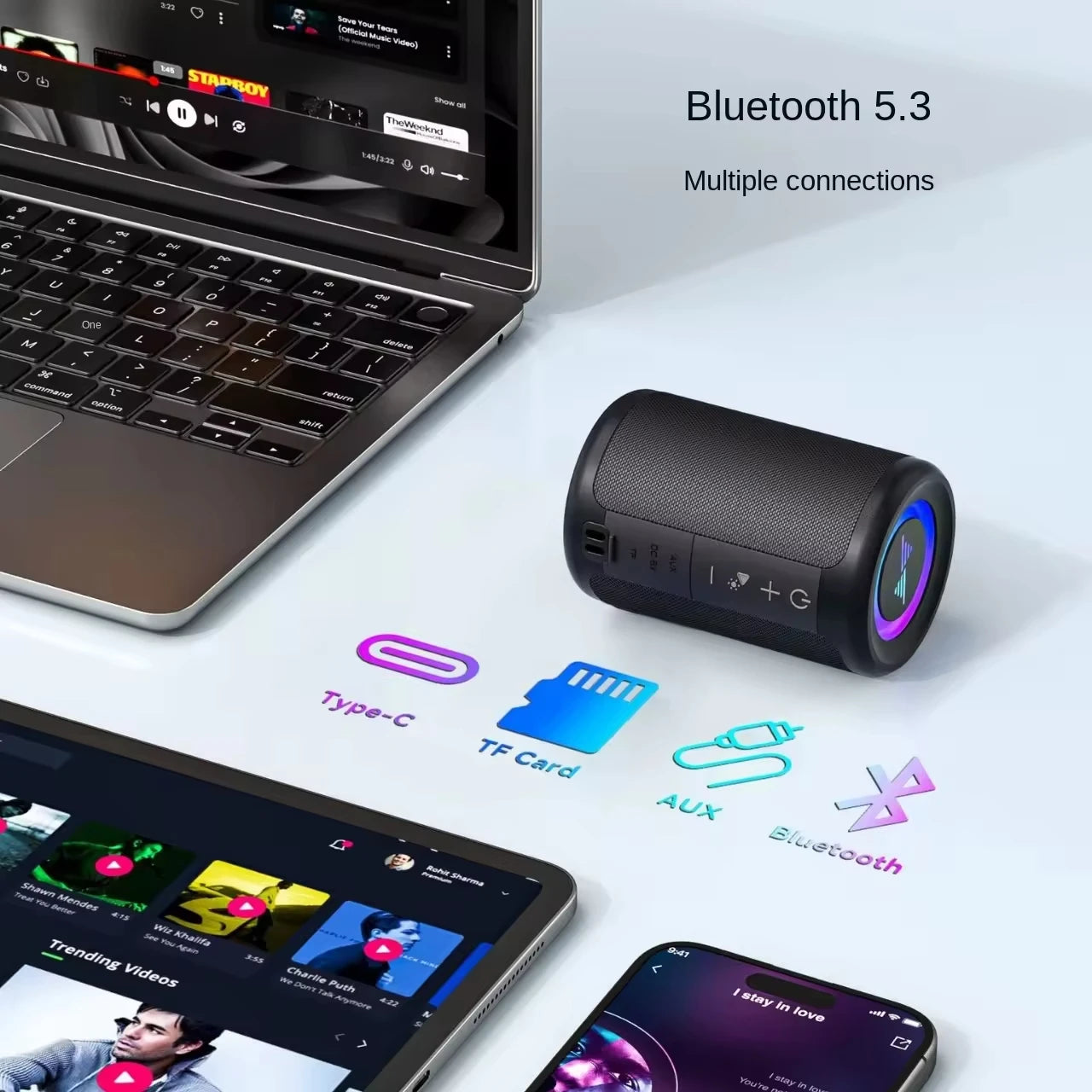 5W Portable Bluetooth Speaker with Colorful LED Lights, TWS Stereo Sound, Type-C AUX/TF Card Support, and 12-Hour Playback