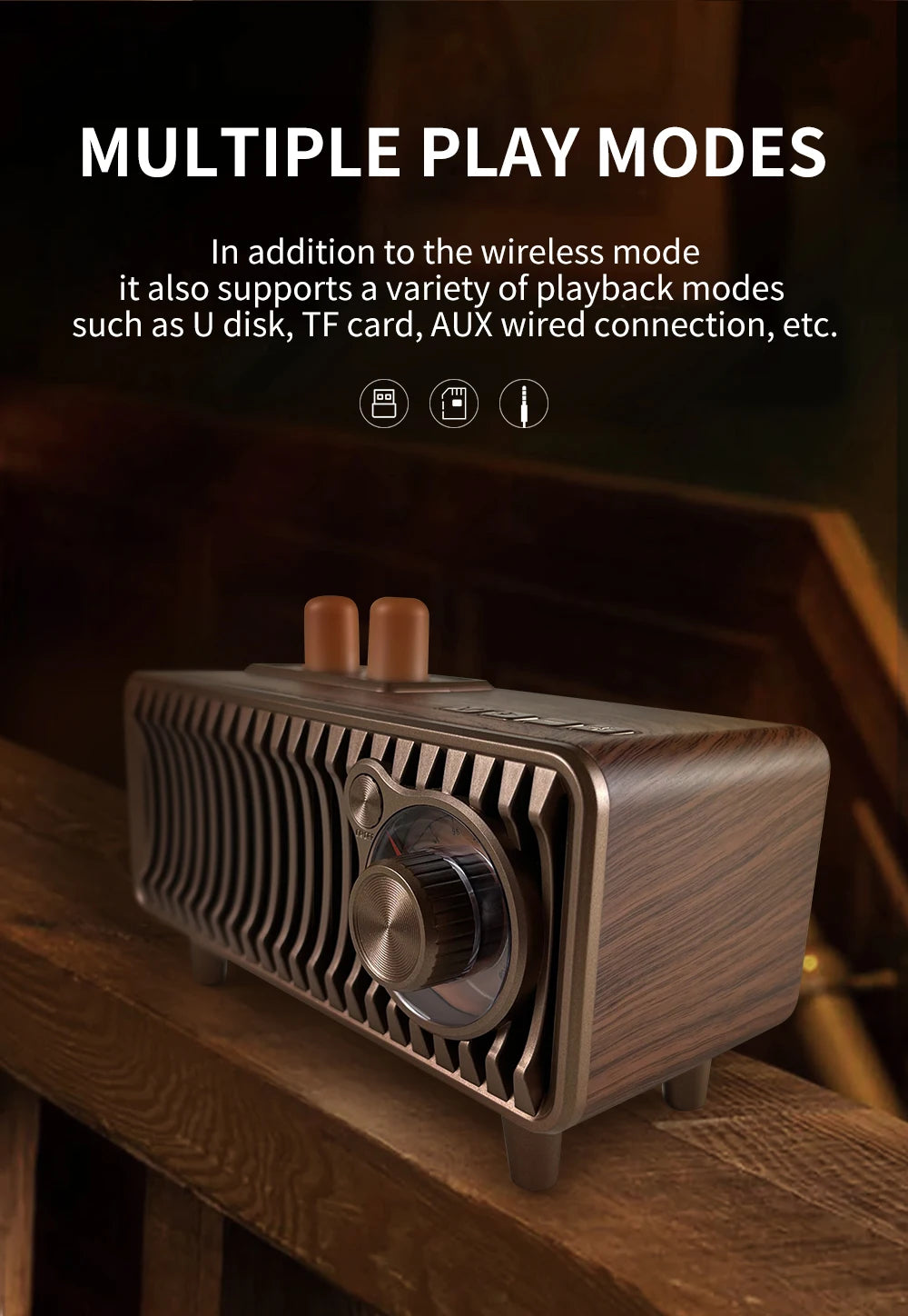 CYB-T7 20W Wooden Vintage Speaker - FM Radio, Wireless BT, TWS Pairing, AUX/TF/USB, Rotary Knob