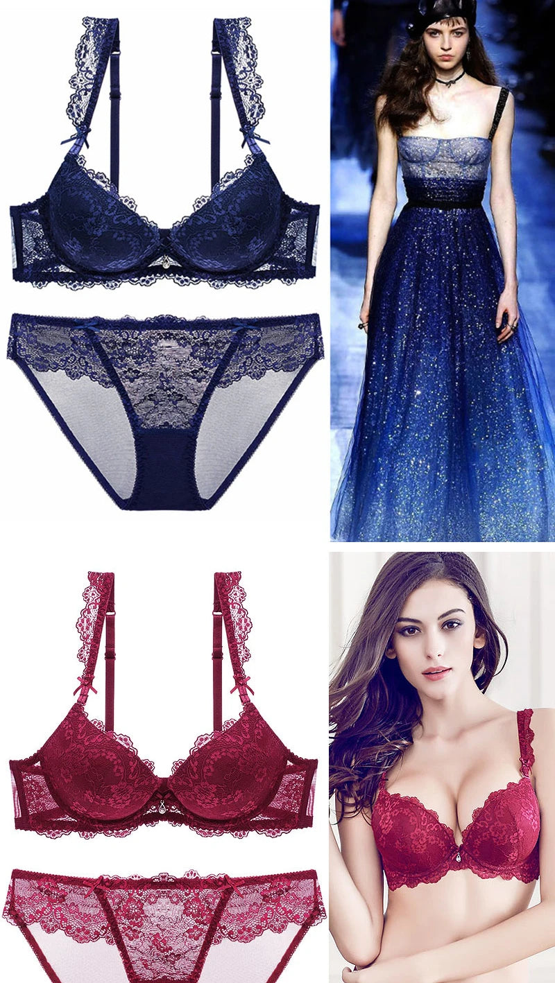 Fashion Red Lace Bra And Panty Sets For Women Thick Cotton Underwire Push Up Bras Underwear Female Sexy Lingerie Set A B C Cup