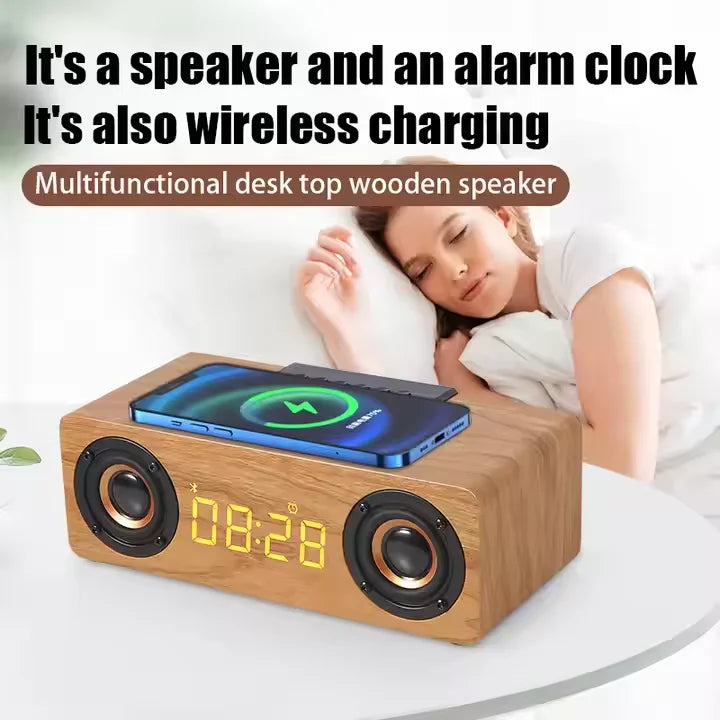 Custom 5.1 BT Smart Wireless Speakers with Surround Sound High-Fidelity Bass Mini Wooden WiFi Alarm Clock with Wireless Charging