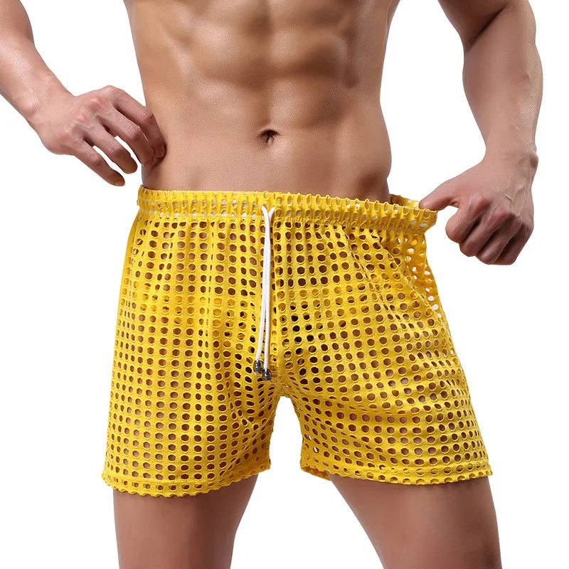 Lingerie Mens Underwear Fishnet Mesh Transparent Boxer Shorts Breathable Boxershorts Sleep Bottoms Cuecas Sports Causal Shorts