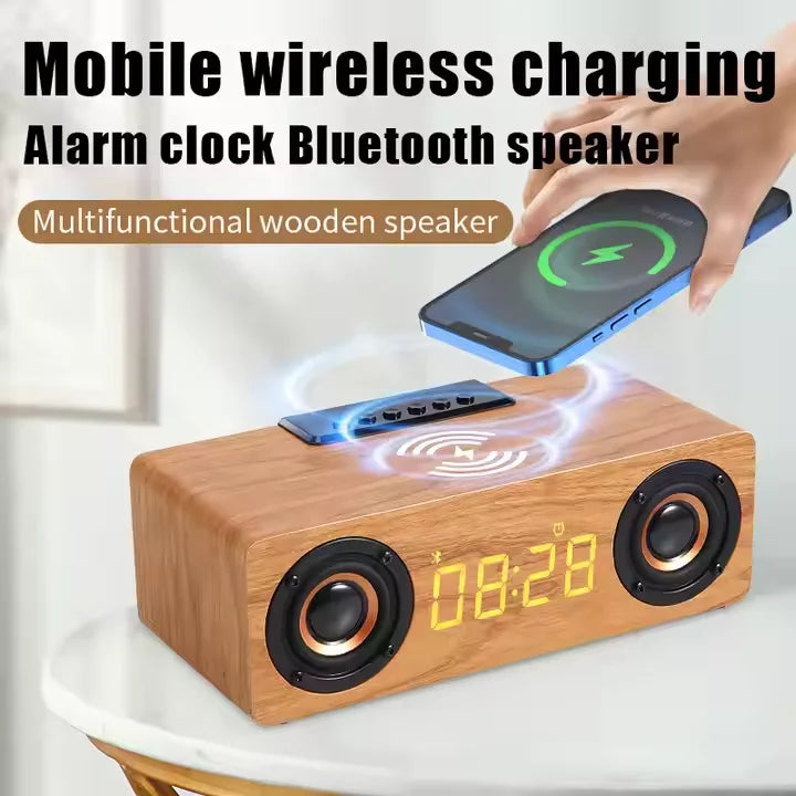 Custom 5.1 BT Smart Wireless Speakers with Surround Sound High-Fidelity Bass Mini Wooden WiFi Alarm Clock with Wireless Charging