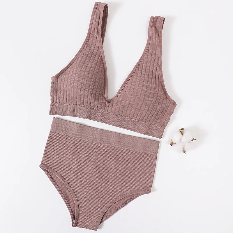 Women's Underwear Set Seamless Bra And Panties Set Female Wirefree Brassiere Sports High Waist Briefs V Neck Sexy Lingerie