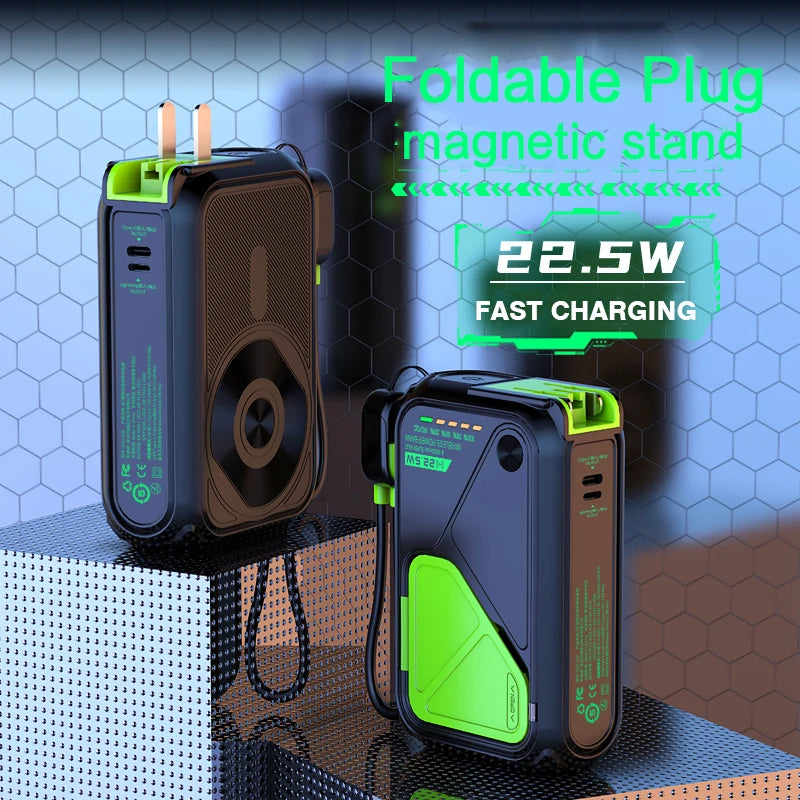 AC Plug Charge 10000mAh Li-Polymer Magnetic Power Bank with Foldable Holder 20W Fast Charging for Laptops