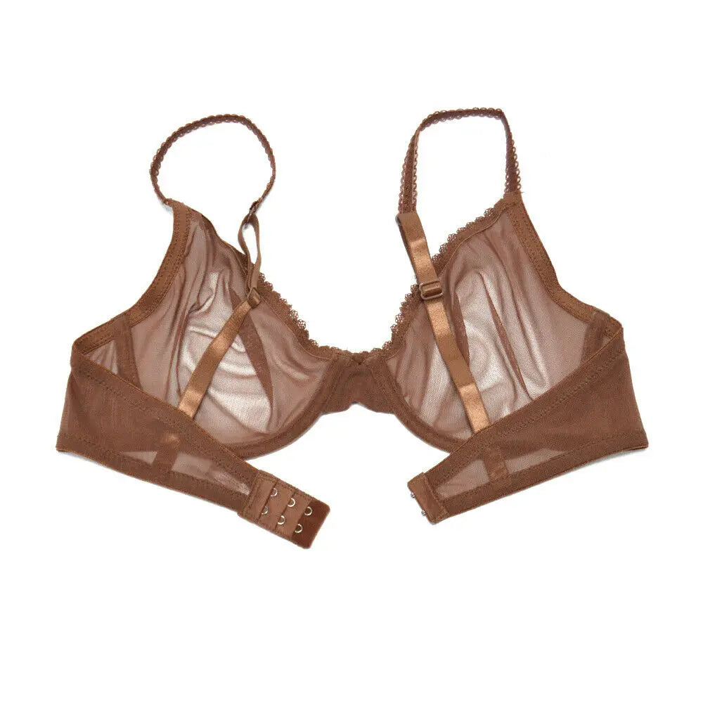 YANDW Brown Bras Panties Sale Separated Transparent Mesh See Through Stretch Women Sexy Lingerie Big Plus Size BH Set 3 Colors