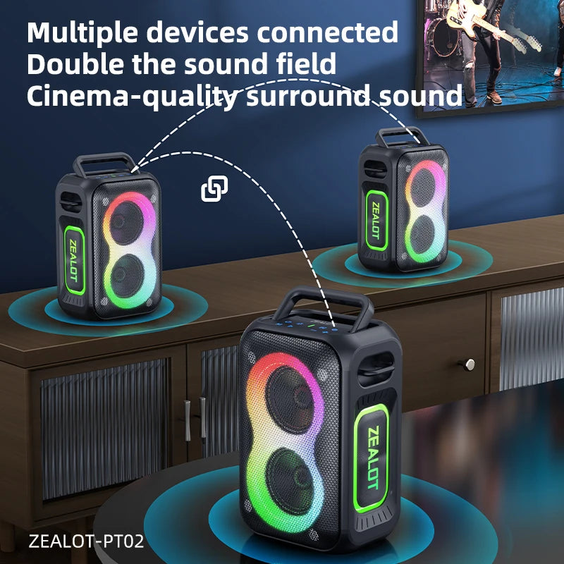 Zealot PT02 60W Portable RGB LED Wireless Speaker 8000mAh Battery for 5.3 IPX6 Waterproof for Outdoor Karaoke Computer Use