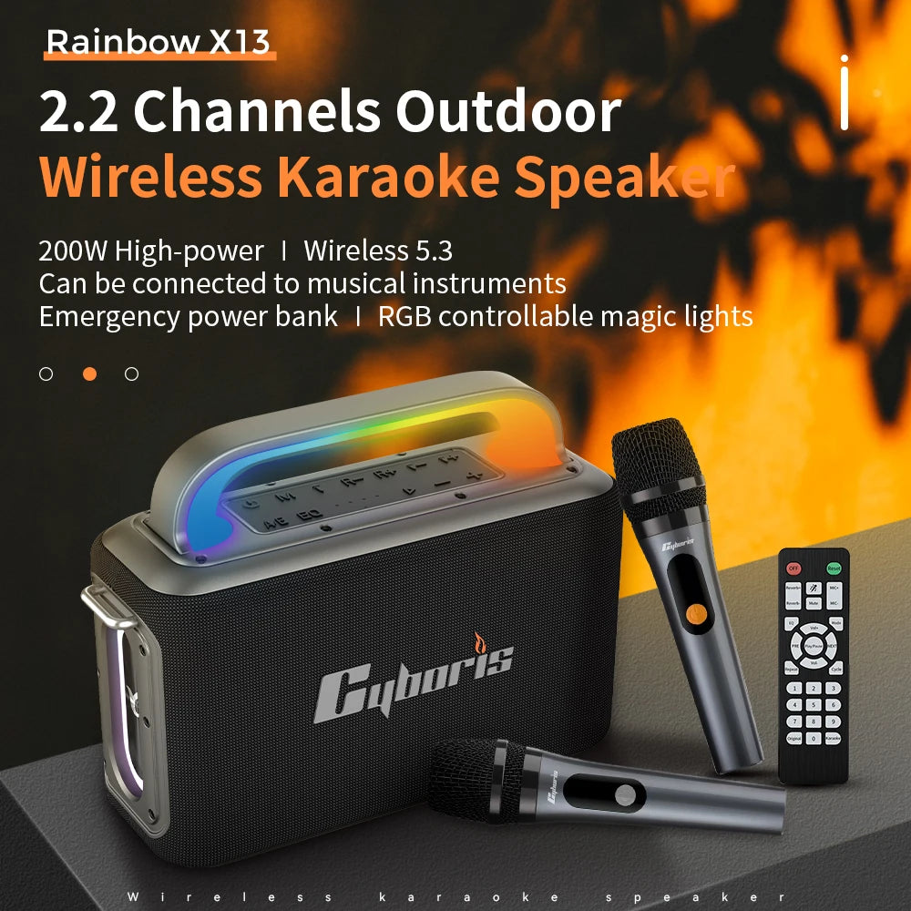 X13 Karaoke Machine with Two Microphones, 200W Portable Wireless Speaker with Microphone Karaoke PA System RGB LED TWS for Adult