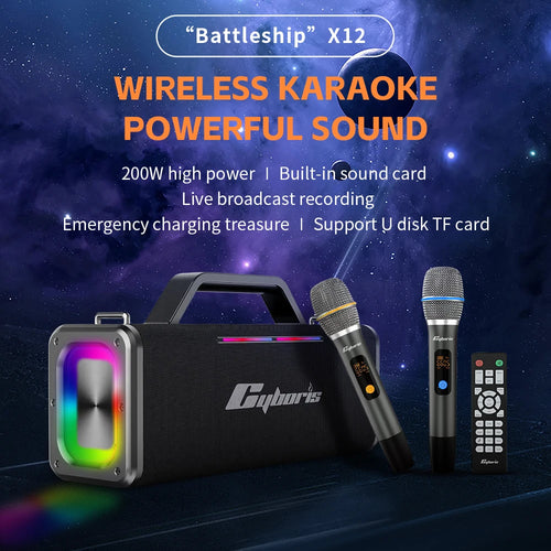 200W Karaoke Speaker with Two Microphones, Portable Wireless Speaker with Microphone PA System RGB LED Karaoke Machine for Adult