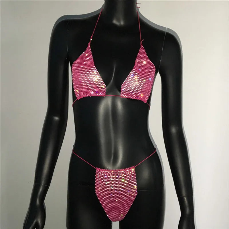 Bling Rhinestones Bra Panty Set Women Sexy Halter Bra Sexy Panty Two Piece Set Summer Beach Outfits Party Club Matching Sets