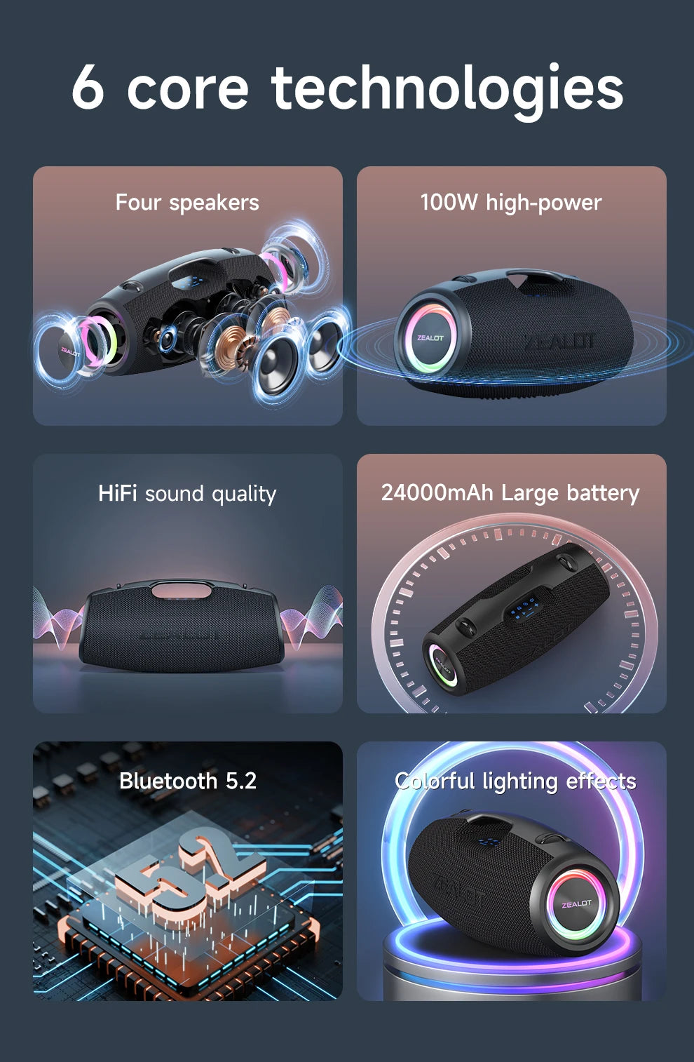 Zealot S78 Outdoors Party Speaker Professional Bluetooths 100W Bass Powered Portable Subwoofer Wireless LED Light Hifi Speaker