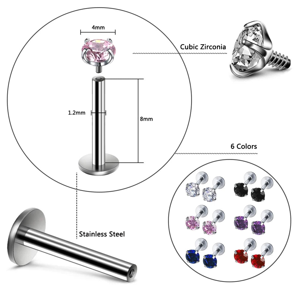 ZS 12pcs/lot 16G Crystal Set Zircon Labret Lip Rings Stainless Steel Labret Lip Piercing Round Orelha Cartilage Piercing Jewelry