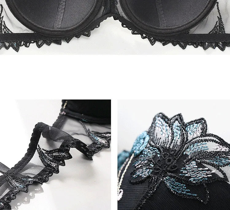 Women Sexy Bra And Panty No Padded Invisible Underwire Bra Sets Lace Embroidered Briefs Underwear Lingerie Set Plus Size 90D