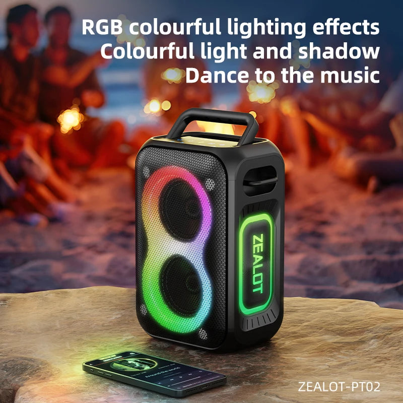 Zealot PT02 60W Portable RGB LED Wireless Speaker 8000mAh Battery for 5.3 IPX6 Waterproof for Outdoor Karaoke Computer Use