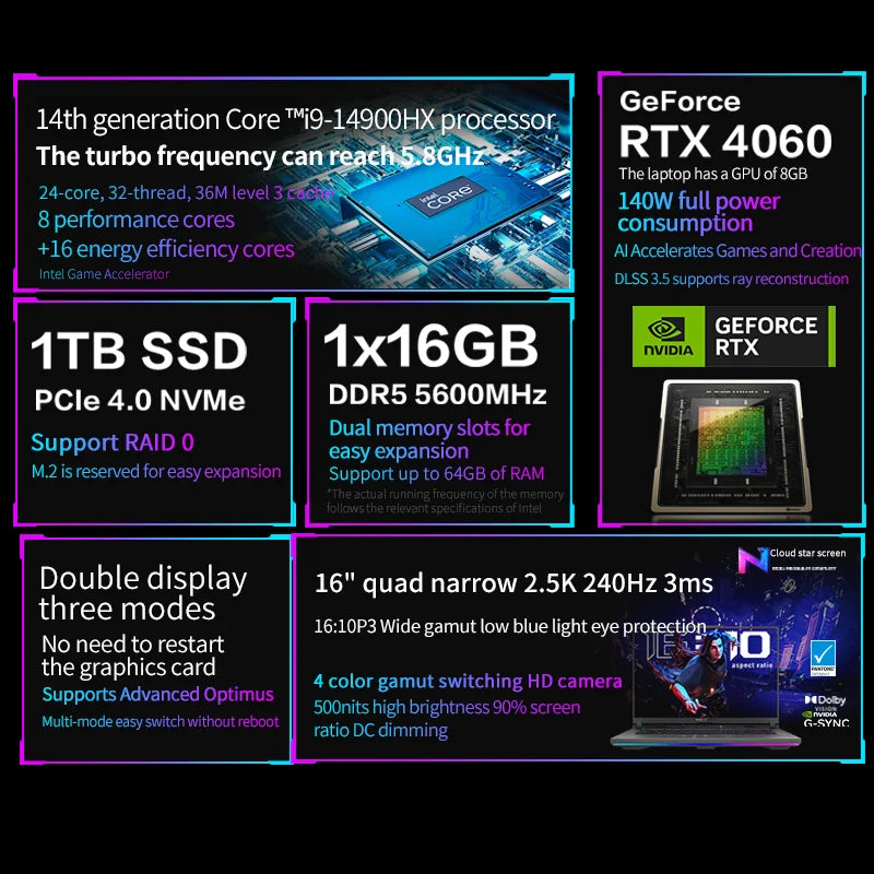Manufacturer Supply asus Rog Strix Scar16 Gaming Computer Laptop 240Hz 2.2GHz Max Turbo 5.8GHz I9-14900hx Rtx4060 4070 Notebooks