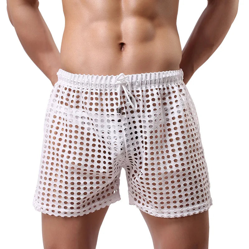 Lingerie Mens Underwear Fishnet Mesh Transparent Boxer Shorts Breathable Boxershorts Sleep Bottoms Cuecas Sports Causal Shorts