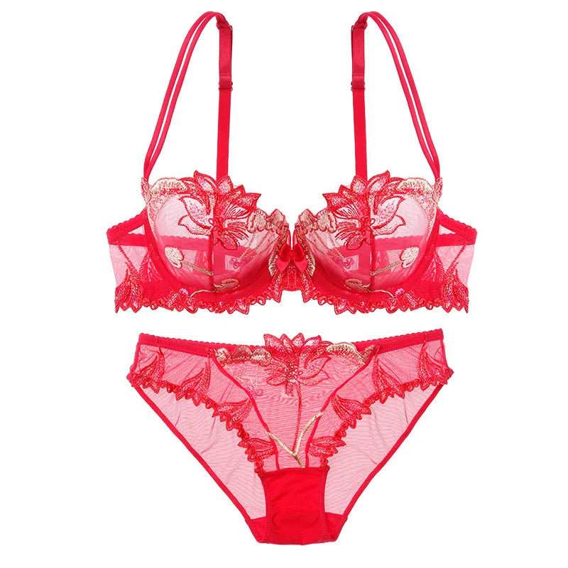 Women Sexy Bra And Panty No Padded Invisible Underwire Bra Sets Lace Embroidered Briefs Underwear Lingerie Set Plus Size 90D