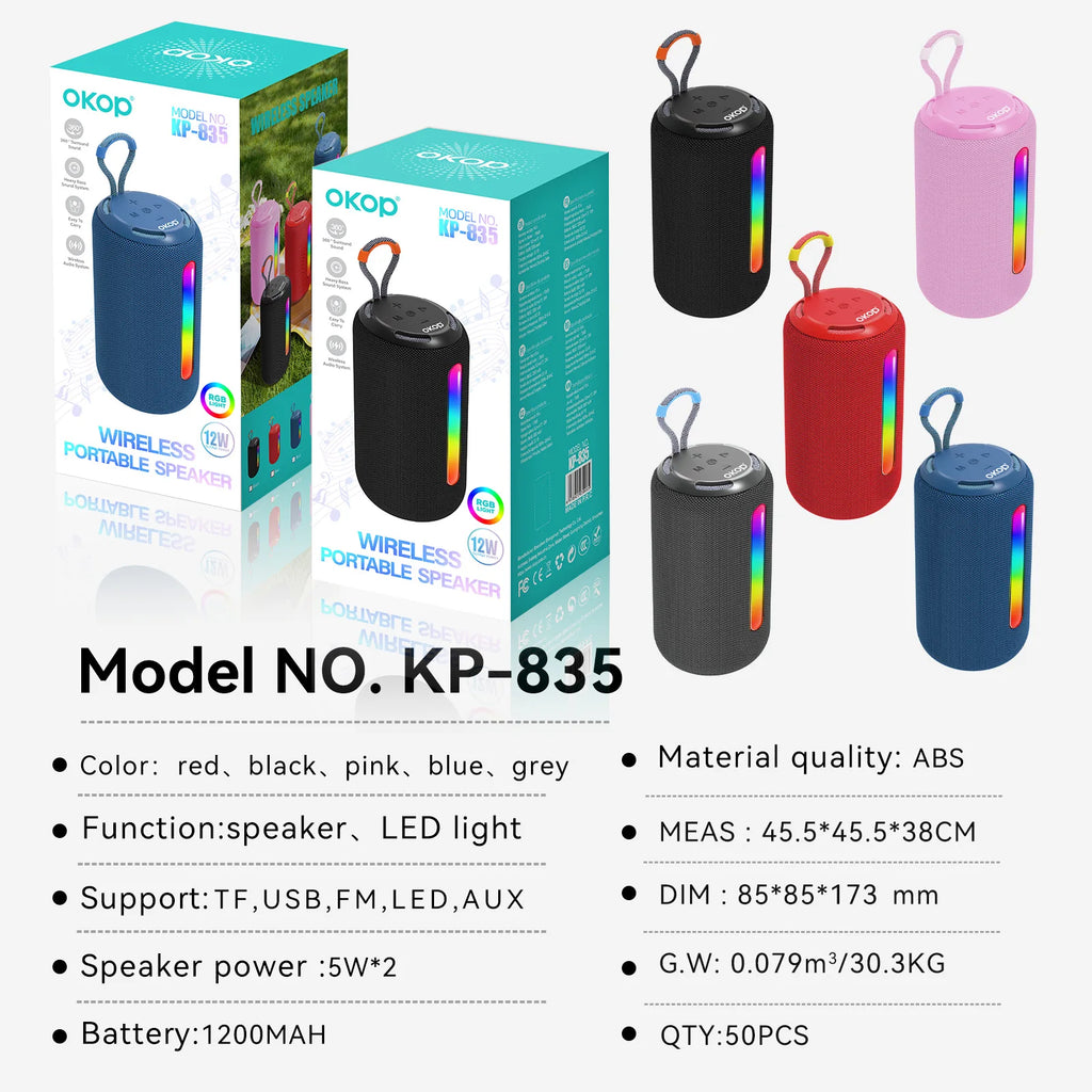 OKOP599/835 Wholesale Portable for V5.4 Speaker with RGB LED IPX-1 Waterproof 2000-3000mAh Battery-Outdoor Use