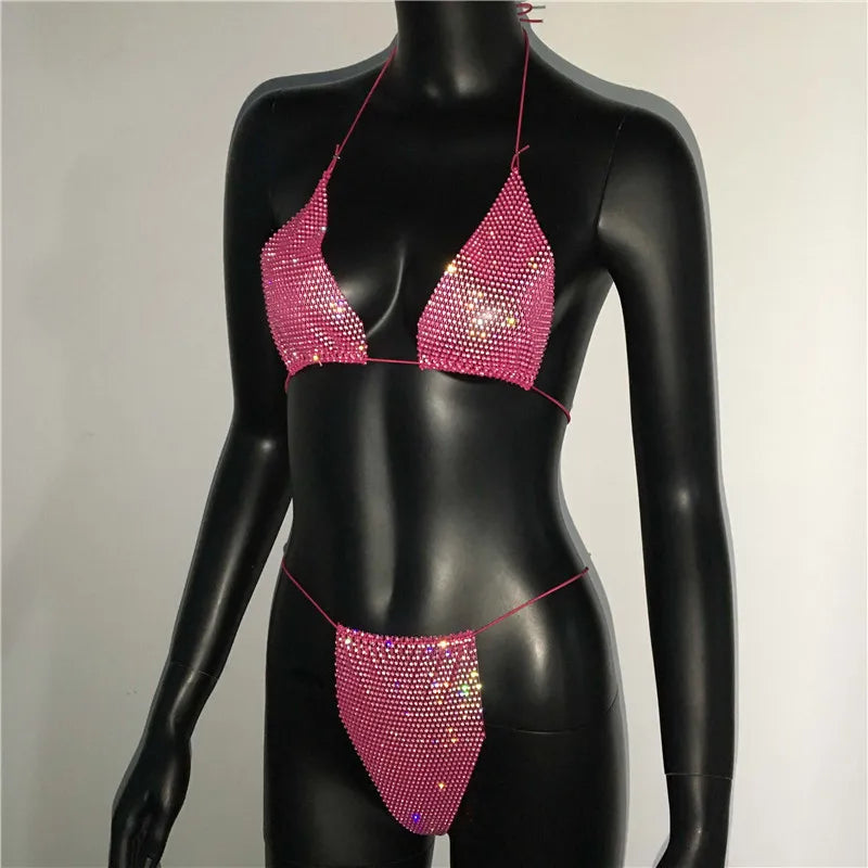 Bling Rhinestones Bra Panty Set Women Sexy Halter Bra Sexy Panty Two Piece Set Summer Beach Outfits Party Club Matching Sets