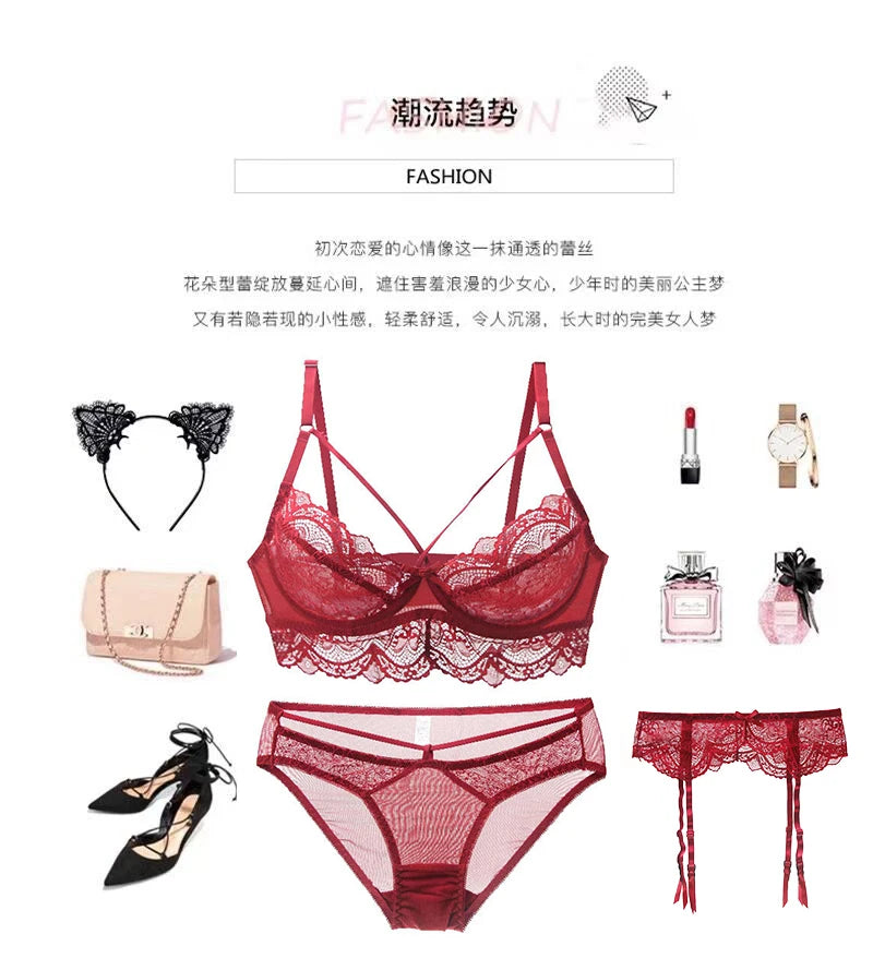 2021 New Ultra-Thin Thick Bra Panty Sets 34/75 36/80 38/85 40/90 42/95 BCD Cup Embroidery Female Underwear Plus Size Lingerie