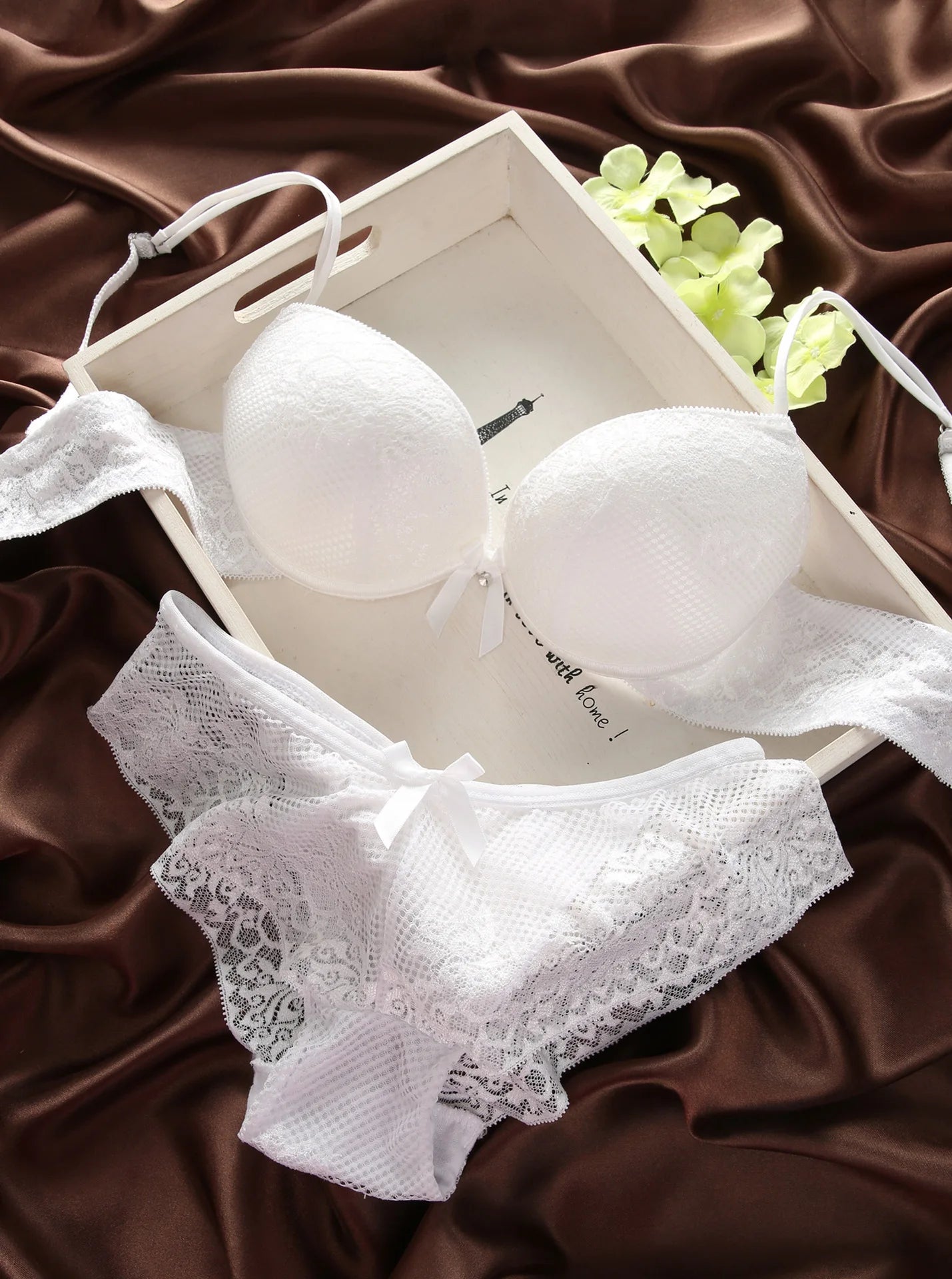 Femme Underwear Set Sexy Panties Lace Lingerie Push Up Thin 3/4 Cup Bralette Hollow Out Briefs Bra Panty Beauty Back Top Bottoms
