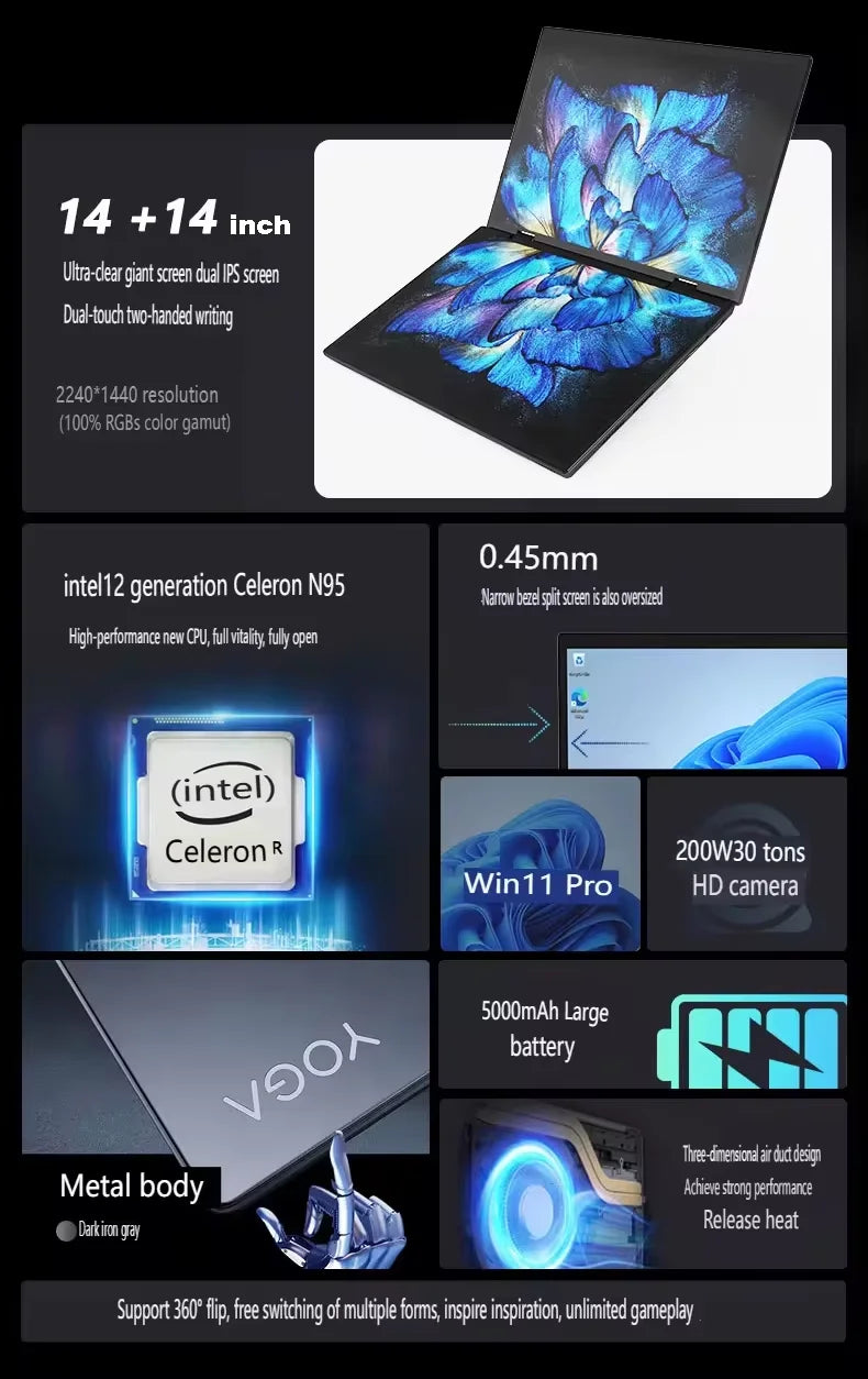 2025 New 14.1"+14.1" Dual Touch Screen Metal Yoga Laptop Intel Celeron N100 Win 11 Pro Business Office Education IPS 360 Flip