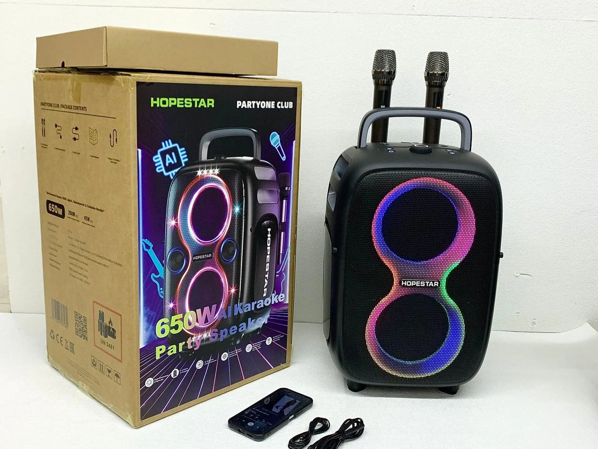 HOPESTAR Partyone Club 650W Outdoor High-Power Wireless for Speaker IPX-6 Waterproof 2 Mic Ready Colorful