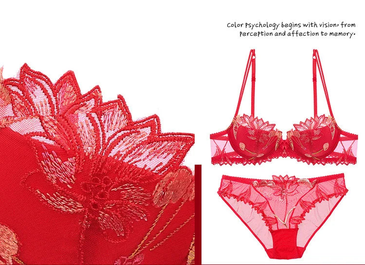 Women Sexy Bra And Panty No Padded Invisible Underwire Bra Sets Lace Embroidered Briefs Underwear Lingerie Set Plus Size 90D