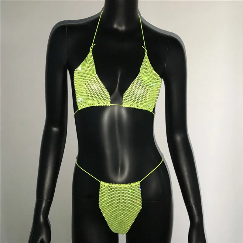 Bling Rhinestones Bra Panty Set Women Sexy Halter Bra Sexy Panty Two Piece Set Summer Beach Outfits Party Club Matching Sets