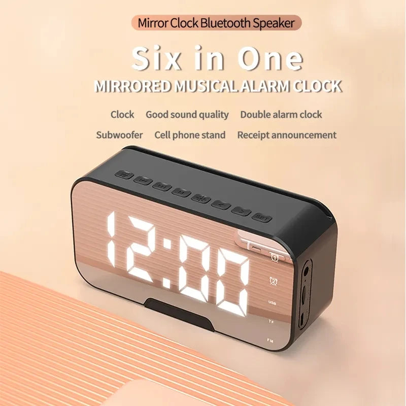 Portable for Bluetooth 5.2 Smart Alarm Clock Speaker LED Mirror with FM Radio Adjustable Home Computer Phone Holder