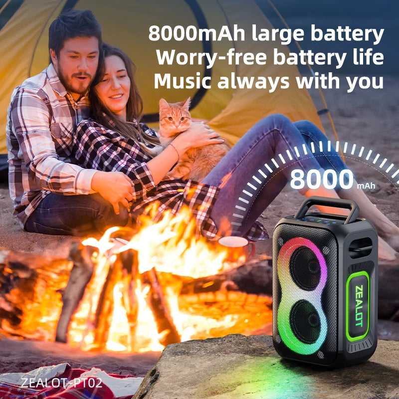 Zealot PT02 60W Portable RGB LED Wireless Speaker 8000mAh Battery for 5.3 IPX6 Waterproof for Outdoor Karaoke Computer Use