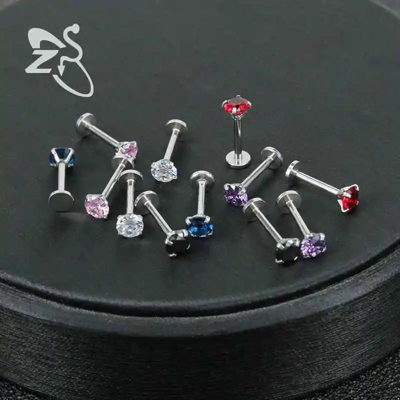 ZS 12pcs/lot 16G Crystal Set Zircon Labret Lip Rings Stainless Steel Labret Lip Piercing Round Orelha Cartilage Piercing Jewelry