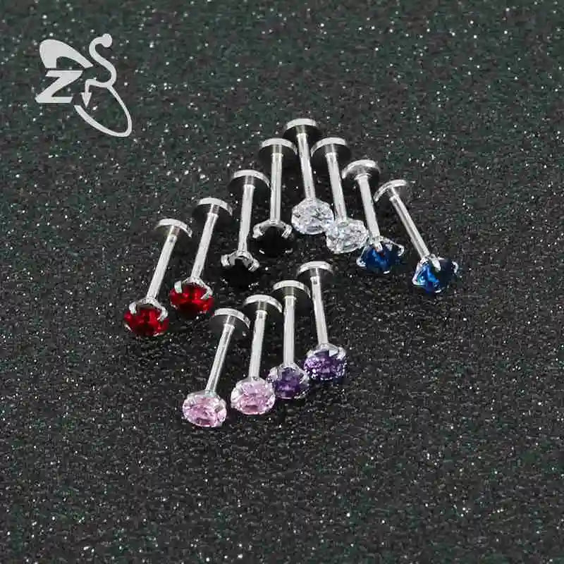ZS 12pcs/lot 16G Crystal Set Zircon Labret Lip Rings Stainless Steel Labret Lip Piercing Round Orelha Cartilage Piercing Jewelry