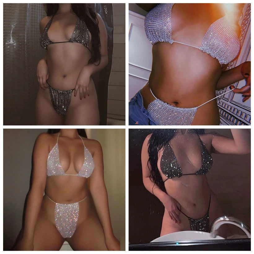 Bling Rhinestones Bra Panty Set Women Sexy Halter Bra Sexy Panty Two Piece Set Summer Beach Outfits Party Club Matching Sets