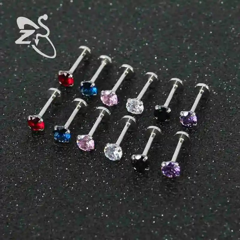 ZS 12pcs/lot 16G Crystal Set Zircon Labret Lip Rings Stainless Steel Labret Lip Piercing Round Orelha Cartilage Piercing Jewelry