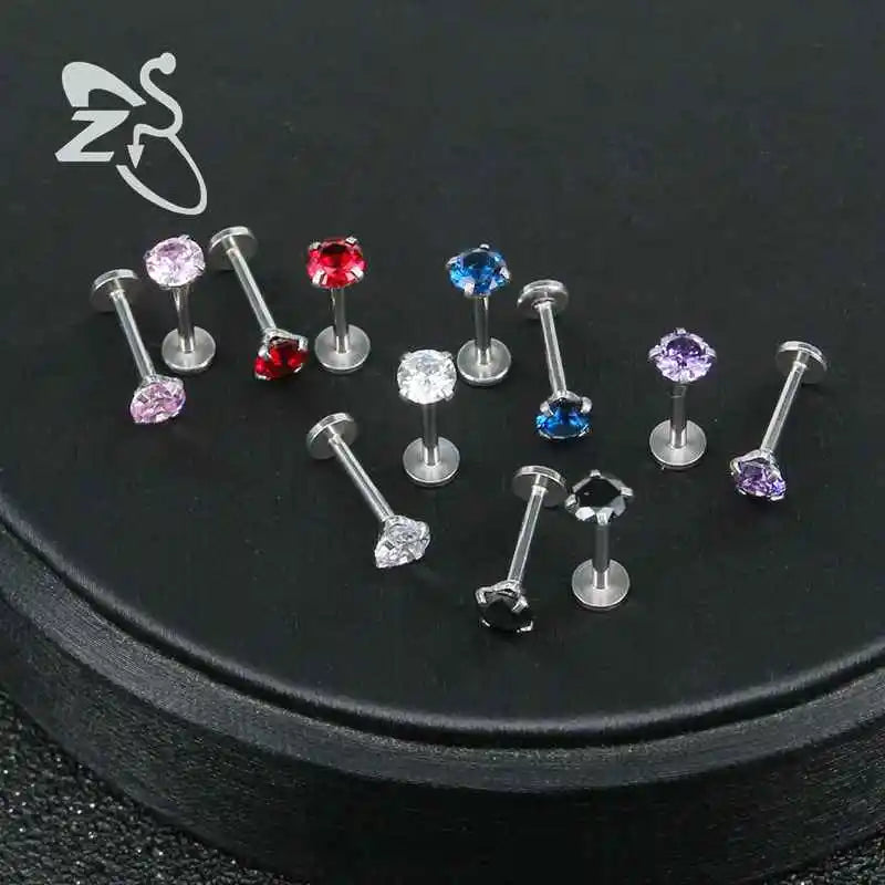 ZS 12pcs/lot 16G Crystal Set Zircon Labret Lip Rings Stainless Steel Labret Lip Piercing Round Orelha Cartilage Piercing Jewelry