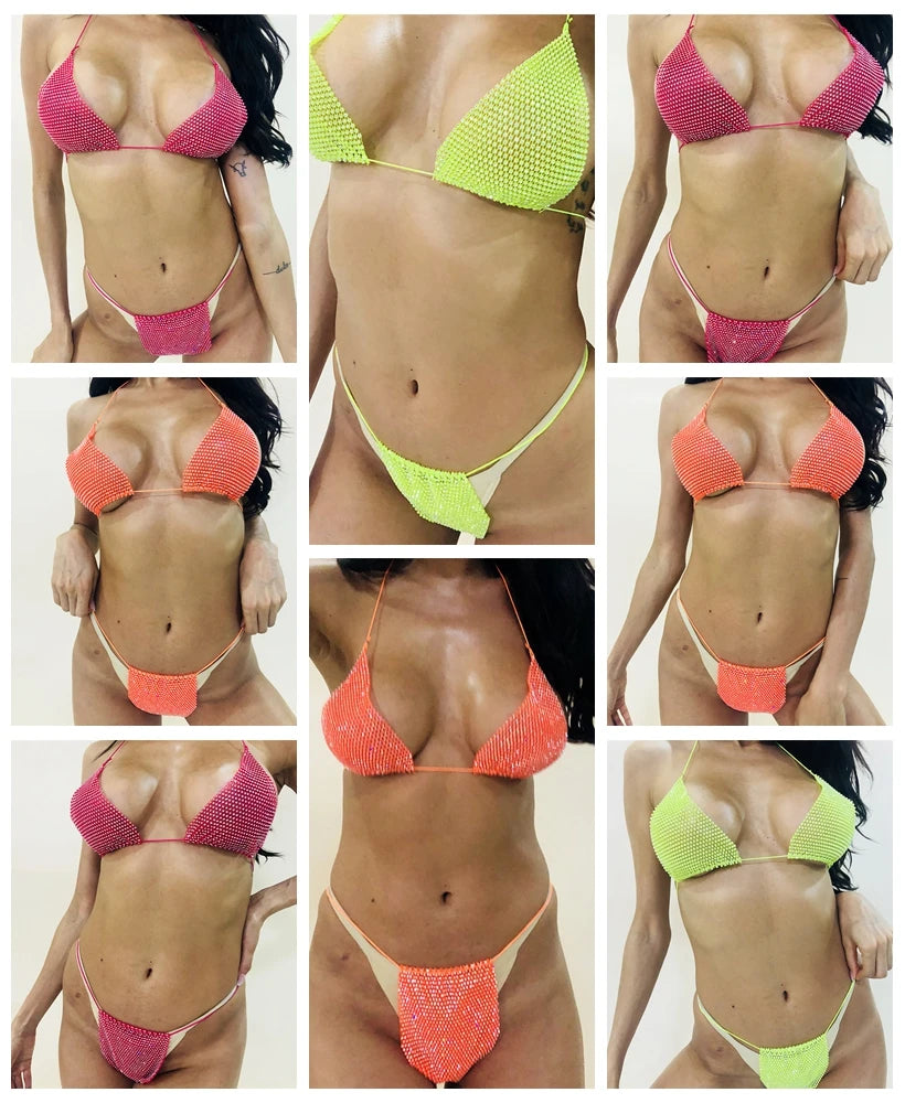 Bling Rhinestones Bra Panty Set Women Sexy Halter Bra Sexy Panty Two Piece Set Summer Beach Outfits Party Club Matching Sets