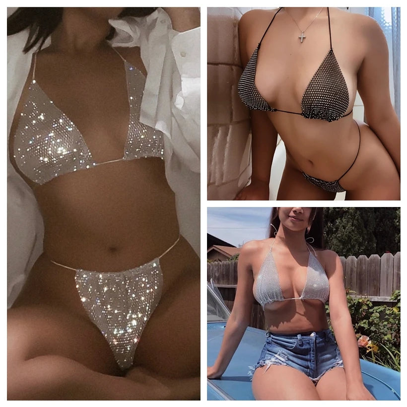 Bling Rhinestones Bra Panty Set Women Sexy Halter Bra Sexy Panty Two Piece Set Summer Beach Outfits Party Club Matching Sets