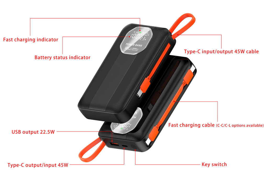 OEM/ODM Super Fast Charging PD 45W Built-in Cable Portable Phone Mobile Charger Power Bank 20000mah Mini Power Bank for Laptop