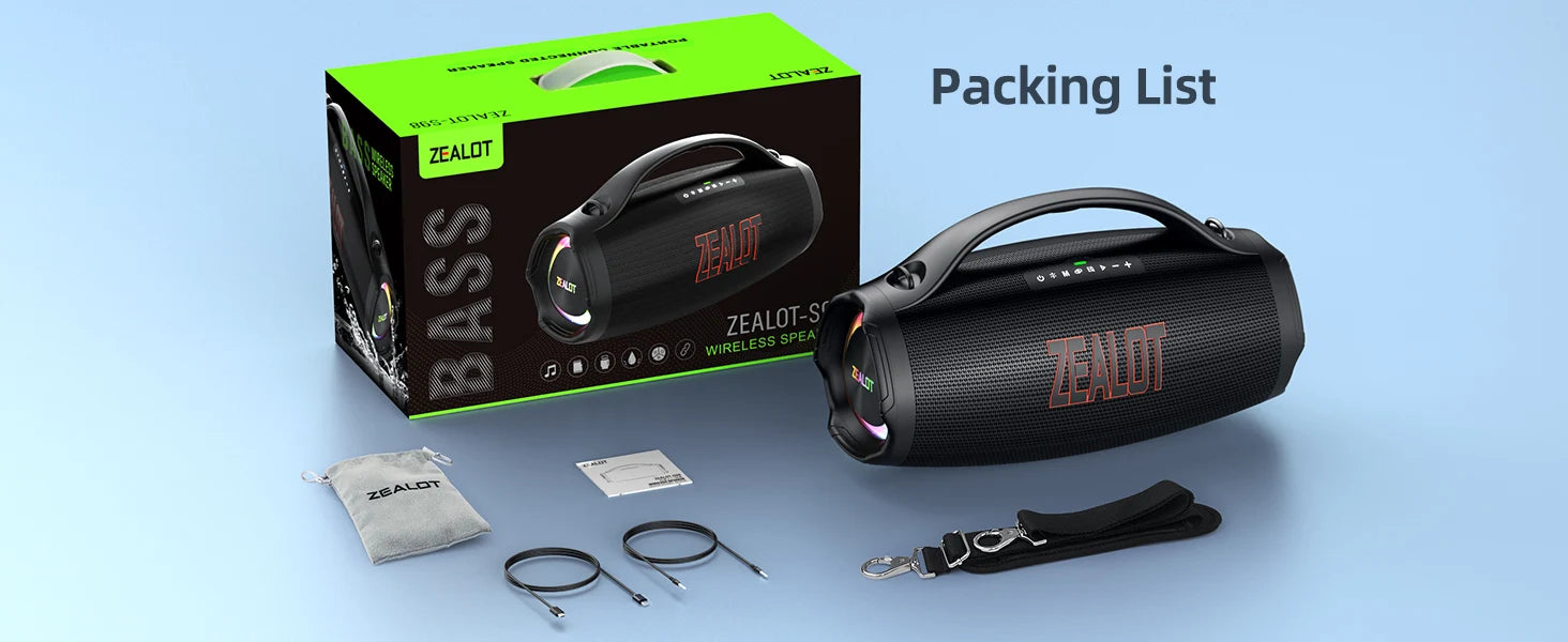 ZEALOT 2025 Portable for Bluetooth Speaker IPX6 Waterproof 36000mAh Powerbank EQ USB/TF/AUX Great Bass for Home Outdoor