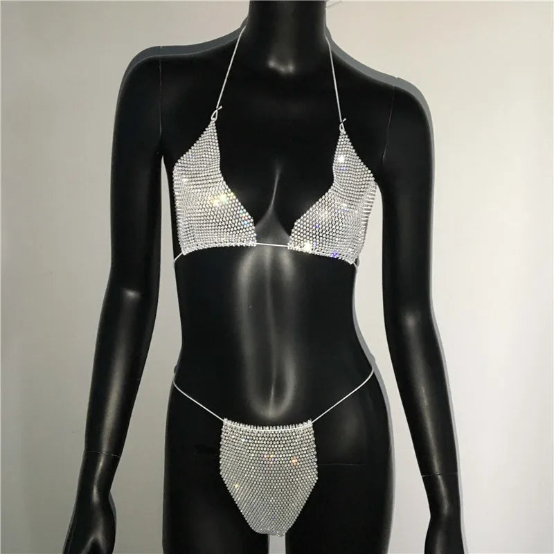 Bling Rhinestones Bra Panty Set Women Sexy Halter Bra Sexy Panty Two Piece Set Summer Beach Outfits Party Club Matching Sets