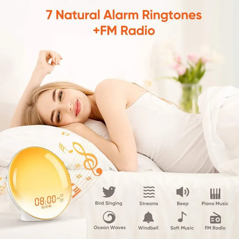 Wake up Light Sunrise Alarm Clock Wireless Speaker Sound Machine with Natural White Noise, FM Radio Alarms, RGB Light, ACA01