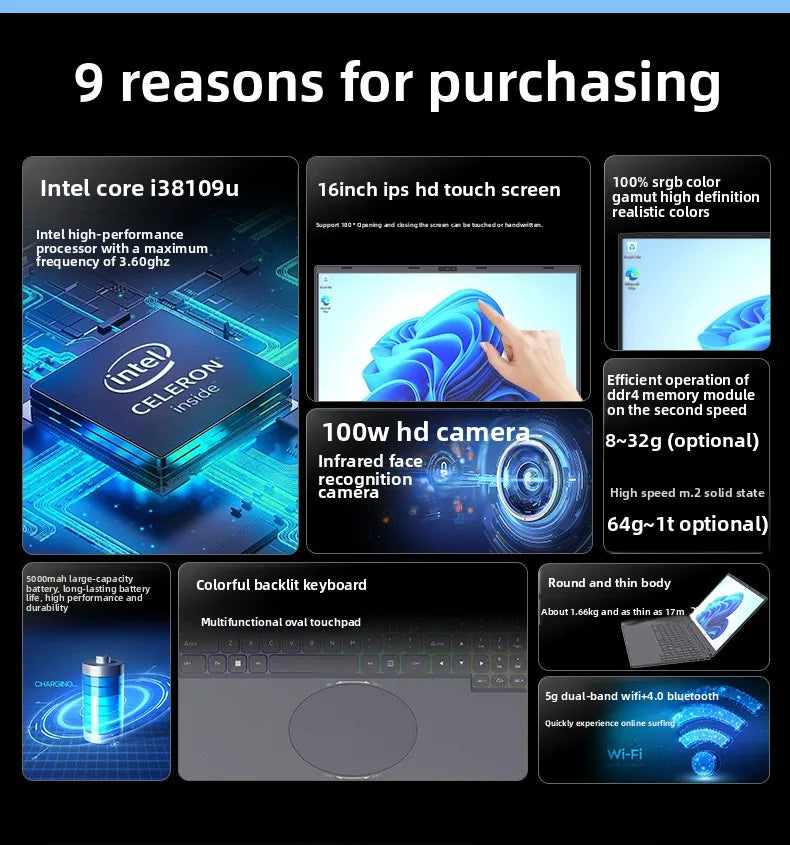 High Quality 16 Inch Win 11 Business Laptop 32GB 1TB SSD Intel I3 8109U Processor English Keyboard IPS Panel 165Hz New