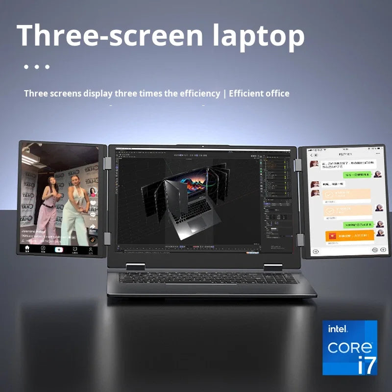 New Three-Screen Metal Laptop Core I7 English Stock Trading Computer Foldable Extended Screen Portable Office Finance