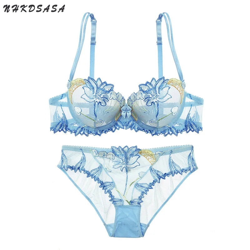 Women Sexy Bra And Panty No Padded Invisible Underwire Bra Sets Lace Embroidered Briefs Underwear Lingerie Set Plus Size 90D