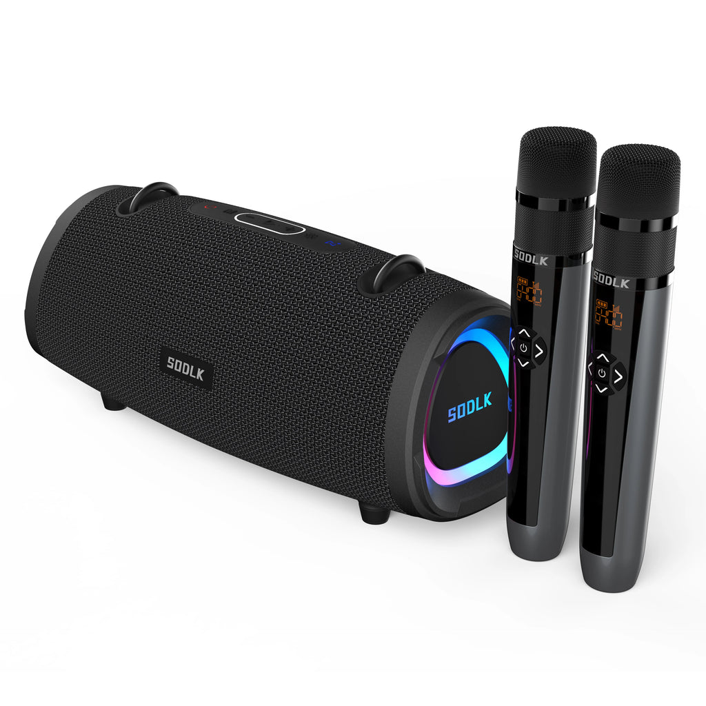 SODLK T90K 100W Karaoke Machine with 2 Wireless Microphones, IPX6 Waterproof Speaker with Shoulder Strap Supports USB, AUX, TWS