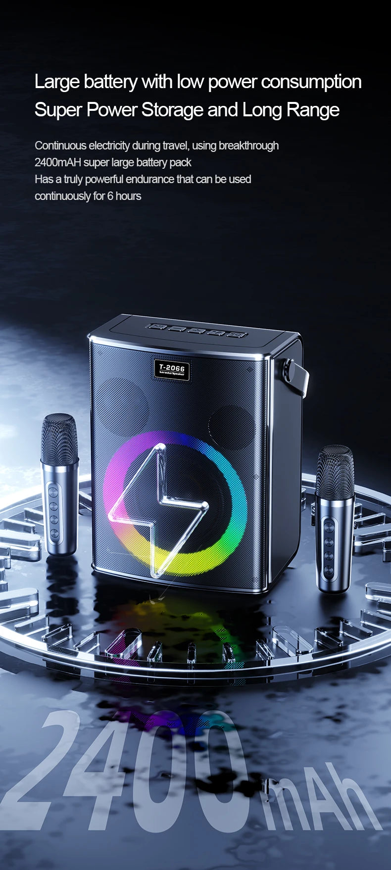 Portable Bluetooth speaker, Karaoke machine, 30W, Super LED RGB lighting effect, with 2 wireless microphones and 5 sound effects