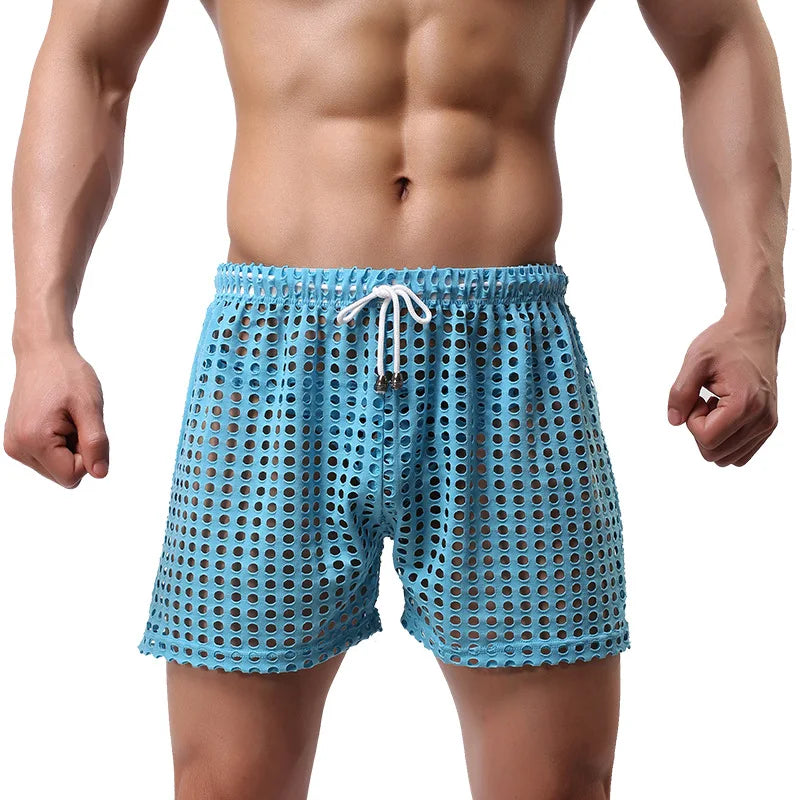Lingerie Mens Underwear Fishnet Mesh Transparent Boxer Shorts Breathable Boxershorts Sleep Bottoms Cuecas Sports Causal Shorts