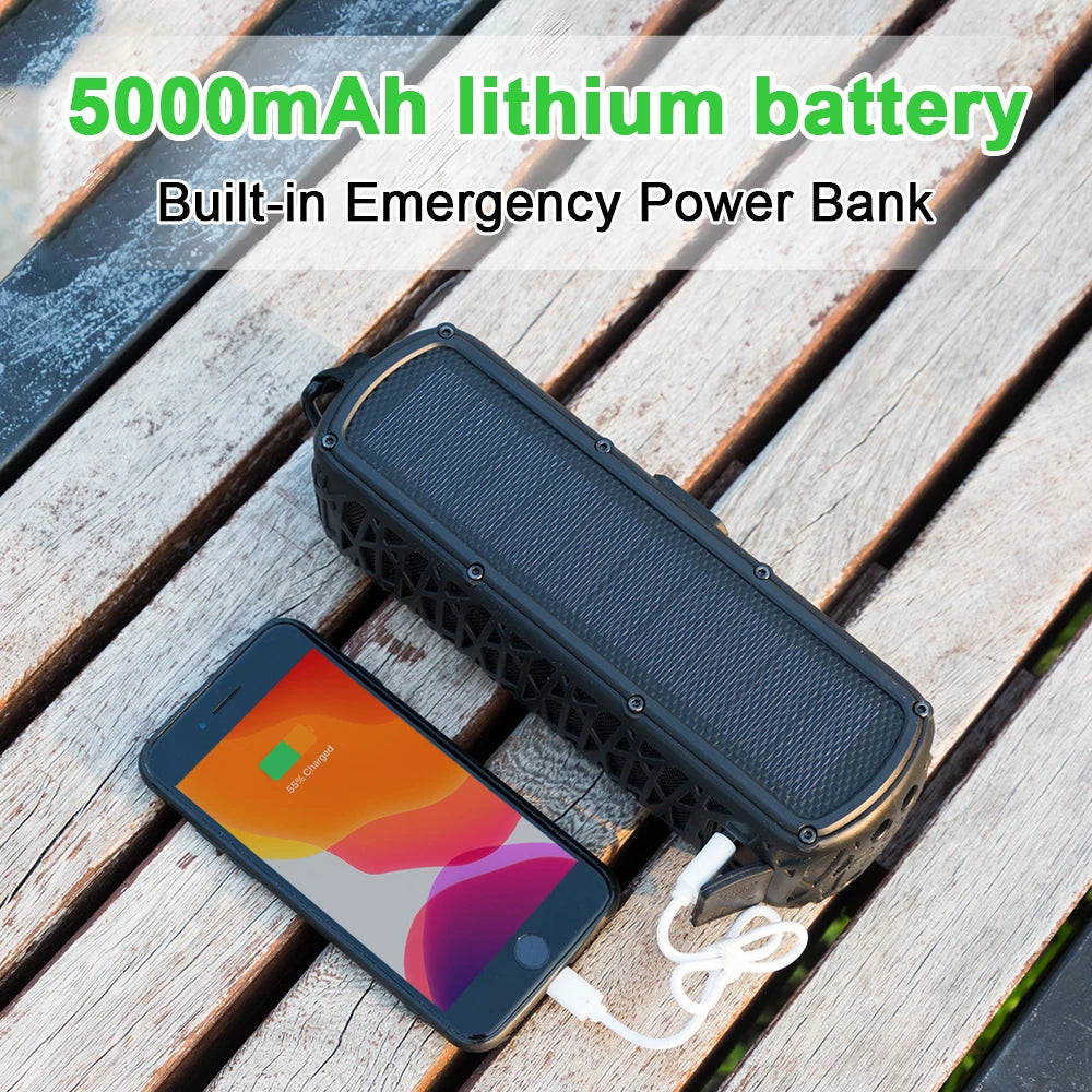 Solar Charging IP66 Waterproof Speaker | 5000mAh Power Bank, Bass Boost Subwoofer,  Outdoor Portable for Camping Emergencies