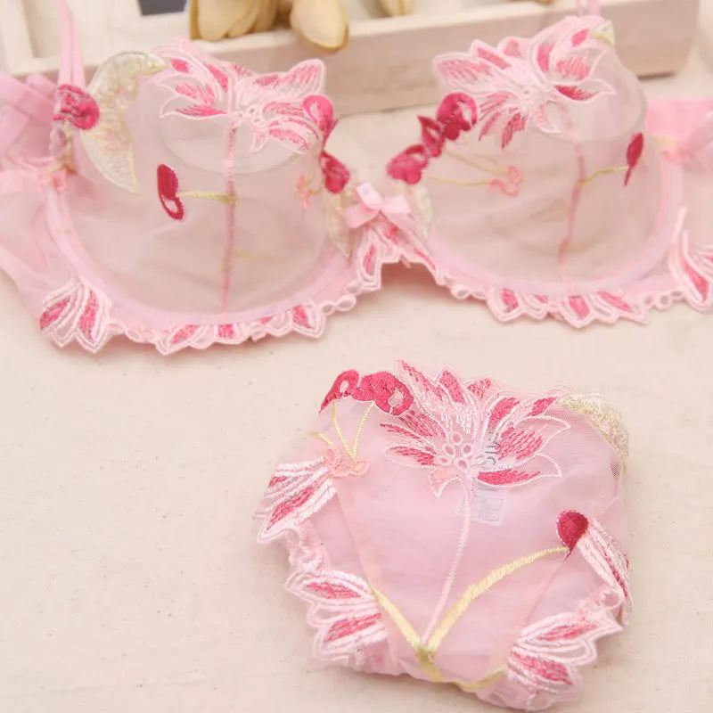 Women Sexy Bra And Panty No Padded Invisible Underwire Bra Sets Lace Embroidered Briefs Underwear Lingerie Set Plus Size 90D