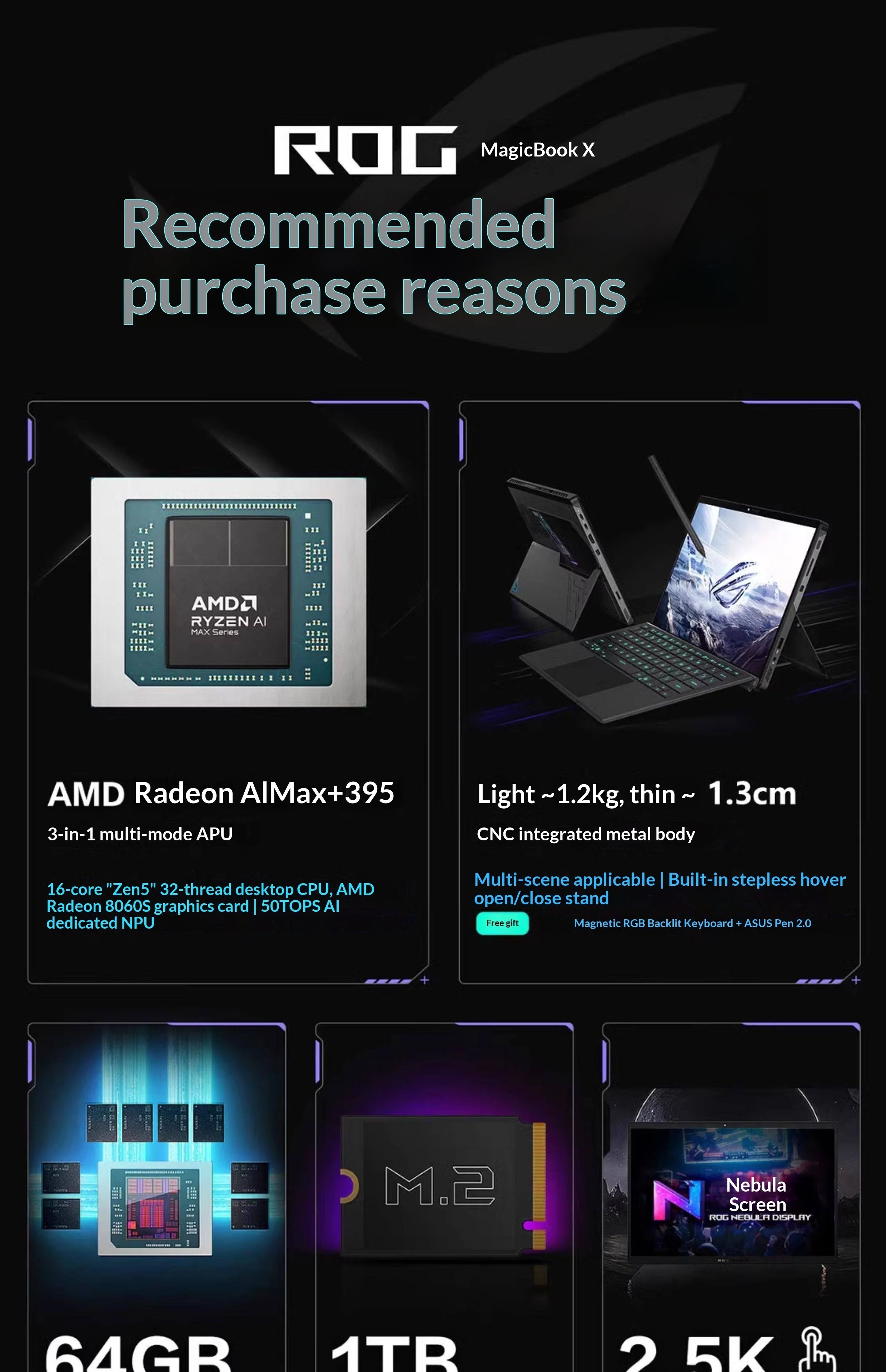 For ROG Zephyrus X 2025 Ryzen AI MAX 13.4 Inch Touch Two-in-One Gaming Laptop 2560x1600 SSD